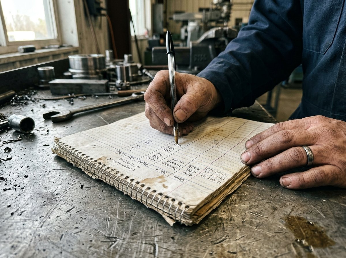 Manos escribiendo datos en una libreta en un taller